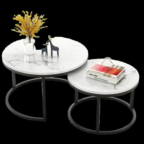 2 In 1 Living Room Coffee Tables Marble Texture Wooden Combination Furniture Round Durable Light Luxury Iron Art Tea Tables